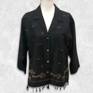 Chico’s Design Boxy Tassel Top Silk Embroidered Fish Motif Wood Beads Black W 1
